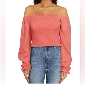 Wildtox Peasant Long Sleeve Smocked Crop
Top in TEA ROSE (coral color)